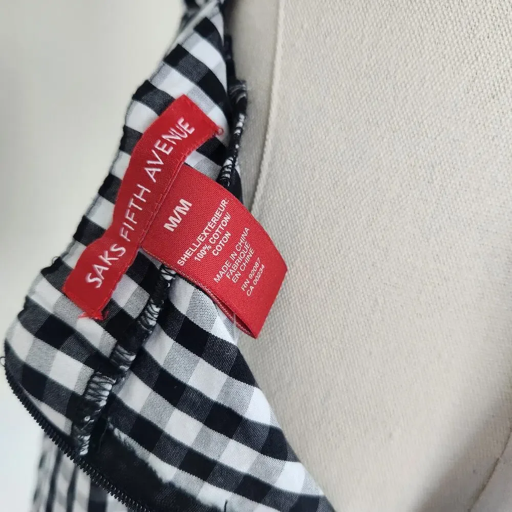 Saks Fifth Avenue Black White Gingham Ruffle Romper Tie Back Cotton Size M - Picture 4 of 6